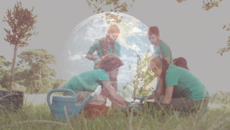 family gardening against an animation of numeric globe