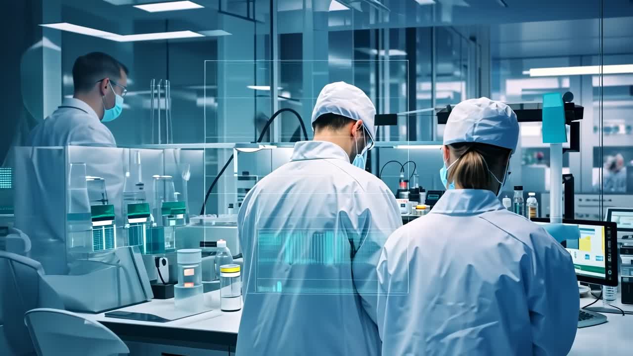 Video cenital de científicos en un laboratorio moderno, enfocados en interfaces digitales futuristas