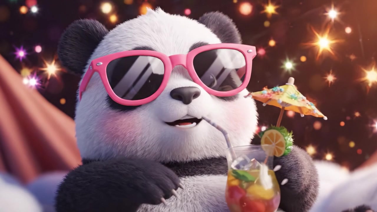 Adorabile panda animato si gode una vivace celebrazione con occhiali da sole alla moda e una bevanda rinfrescante, irradiando gioia e giocosità in un'atmosfera colorata