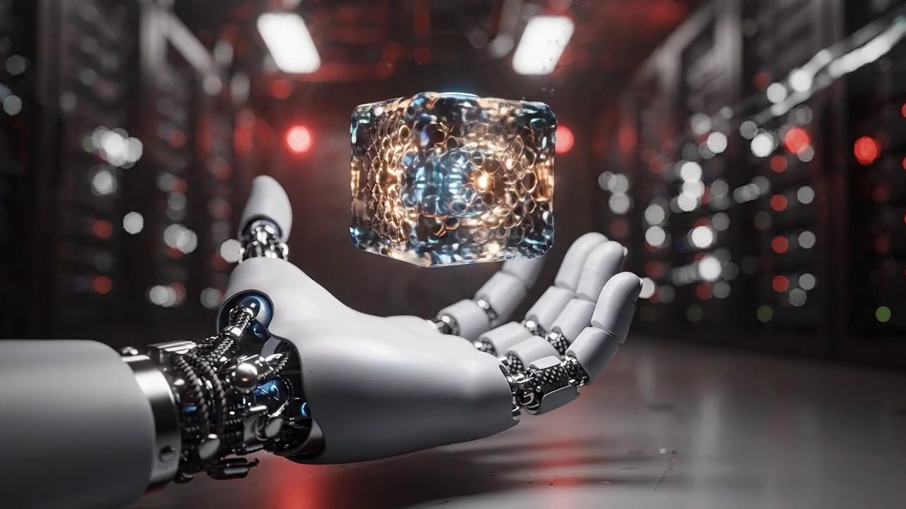Una mano robotica tiene un cubo fluttuante e intricato in mezzo a un data center futuristico, mostrando tecnologia avanzata e intelligenza artificiale in azione