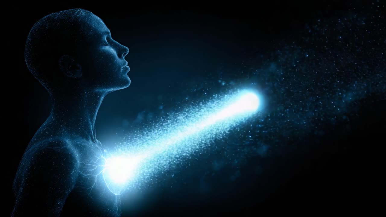 Una rappresentazione surreale di luce ed energia interiore: una figura digitale che emette particelle vibranti dal cuore, che simboleggia la forza vitale e la spiritualità in movimento.