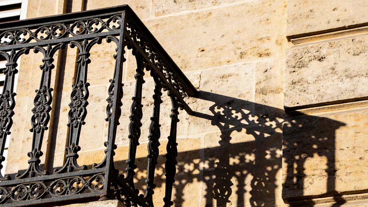 Sole in movimento che proietta l'ombra di una ringhiera in ferro battuto di un balcone che si sposta su una parete di pietra chiara, spazio per il testo.