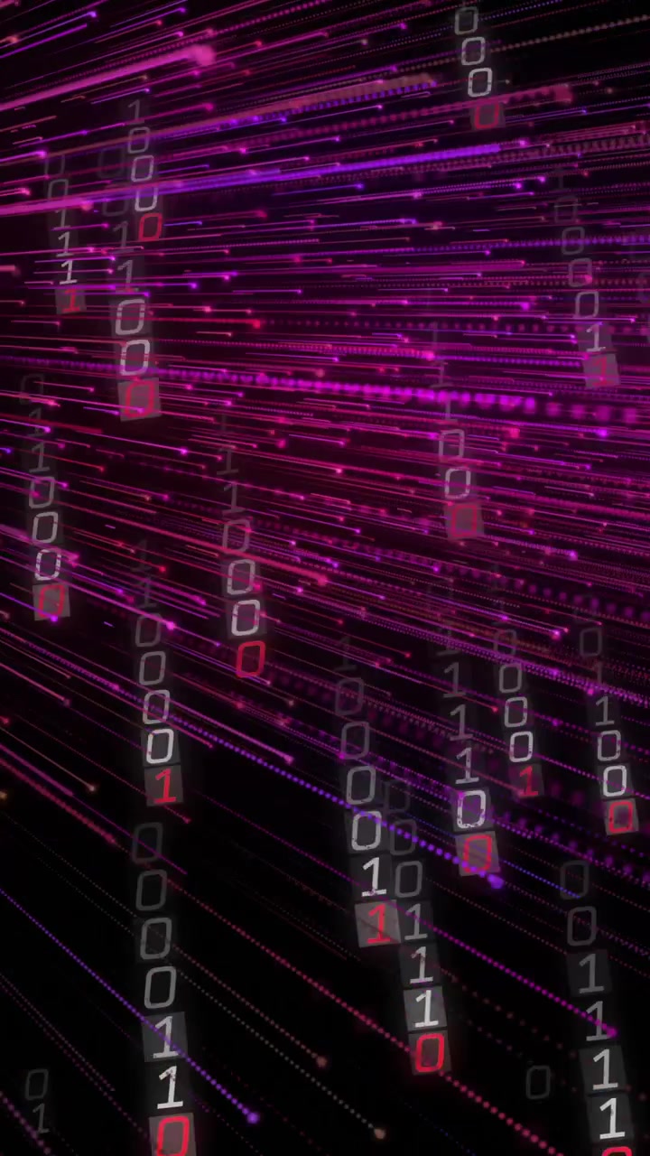 Animation of binary coding and data processing over black background