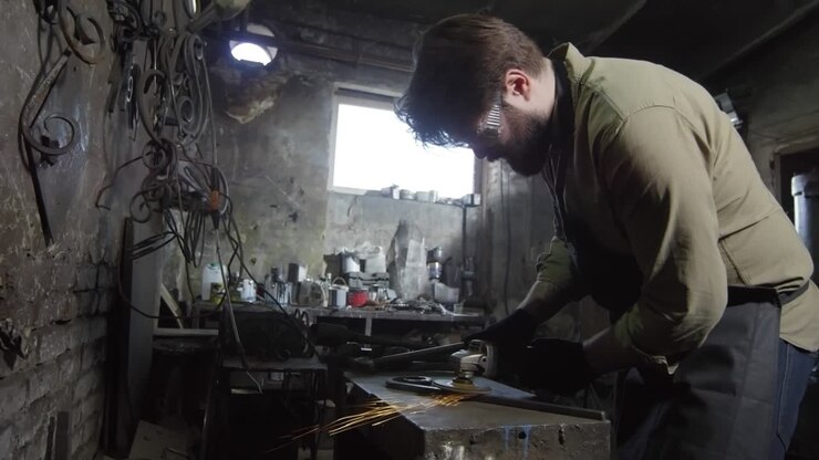 Handsome Caucasian Blacksmith Working in Smithy