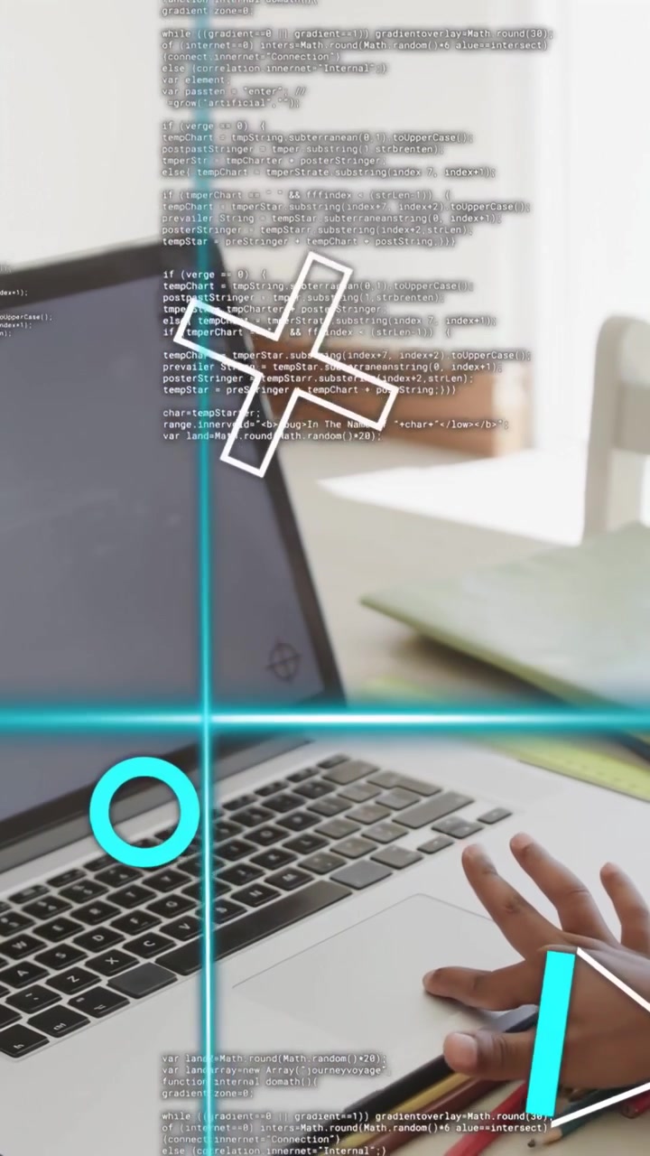Video verticale: Mano destra di uno studente che si libra, toccando il trackpad, attivando overlay di formazione tecnologica