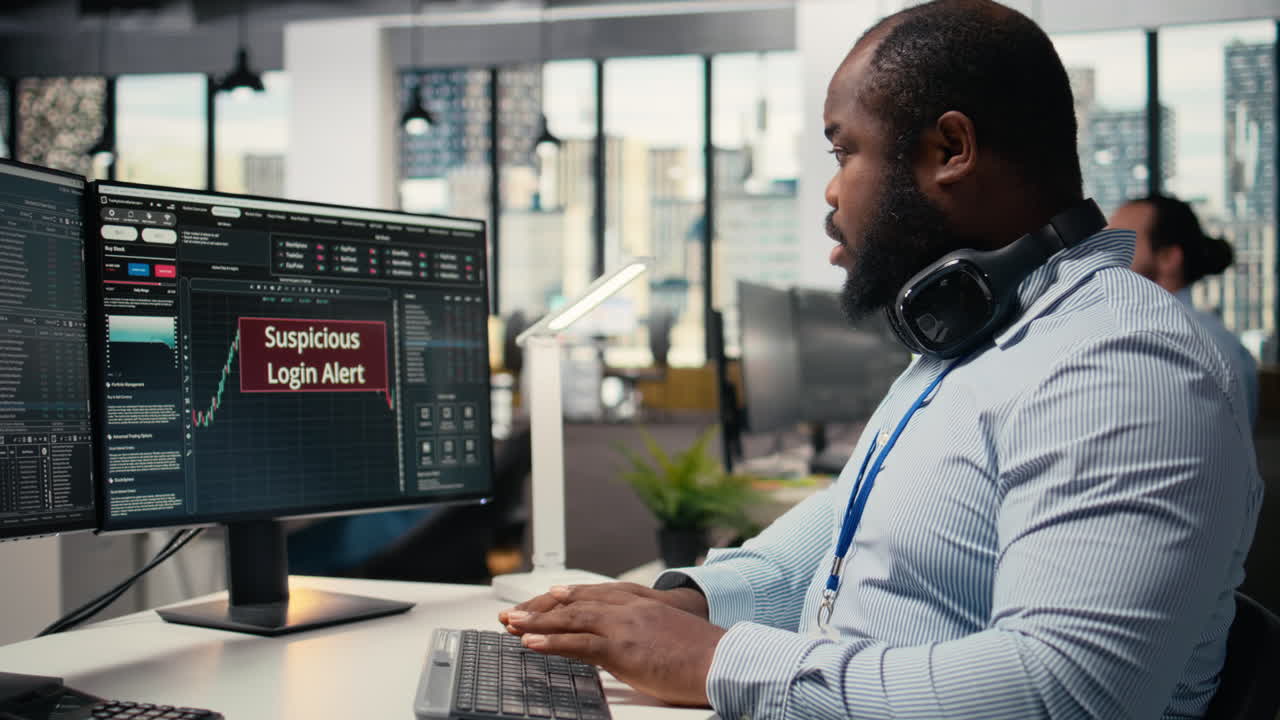 Trader stressato al lavoro che indaga su un accesso sospetto all'account di trading
