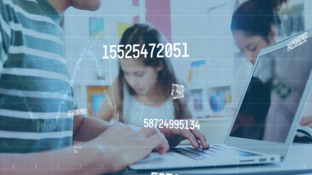 Animation of numbers changing over caucasian man using laptop