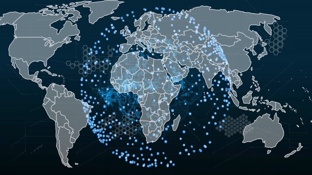 Animation of world map with glowing blue dots and lines showing global connections