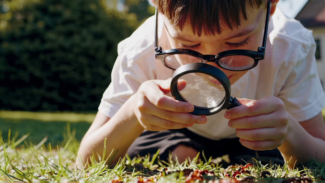 Boy Exploring Nature with a Magnifying Glass