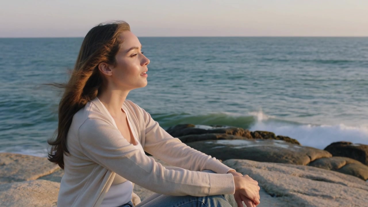 Mujer sentada con cárdigan y jeans viendo el amanecer, olas rompiendo en la orilla rocosa, espacio para texto.