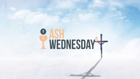 animation of ash wednesday and christian cross over clouds and sky