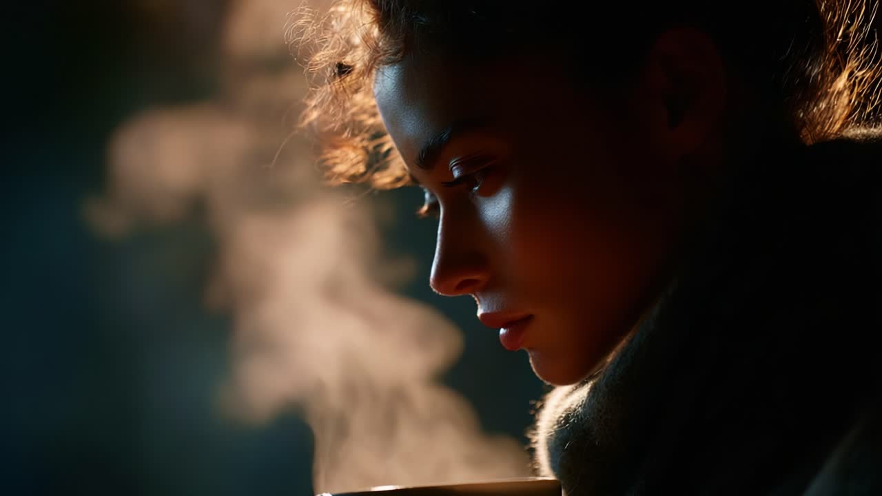 Captivating Portrait of a Woman Enjoying a Warm Beverage Surrounded by Enigmatic Steam, Emphasizing Relaxation and Contemplation in a Softly Lit Atmosphere