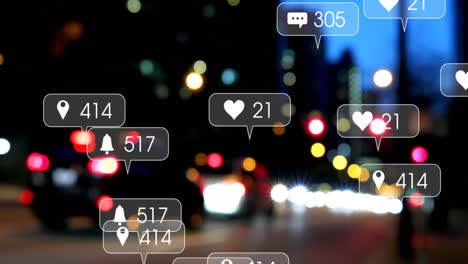 Animation-of-social-media-icons-and-numbers-over-out-of-focus-traffic-lights