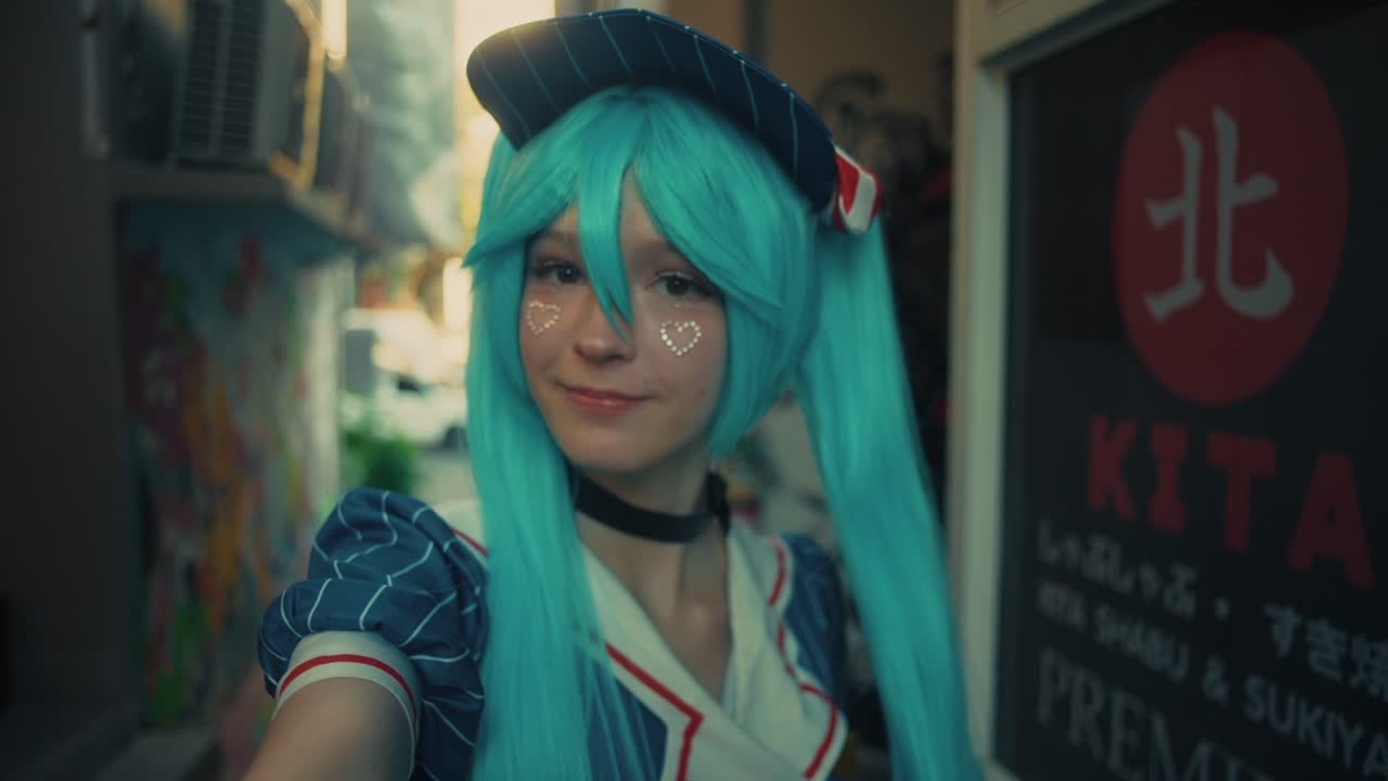 Cosplayer in Hatsune Miku Costume
