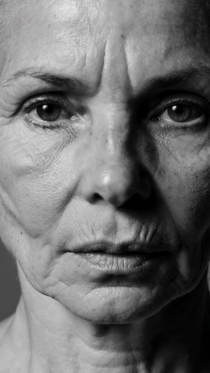 Video verticale: Riprese di una donna anziana che fa sottili movimenti facciali in studio, mostrando la texture della pelle.