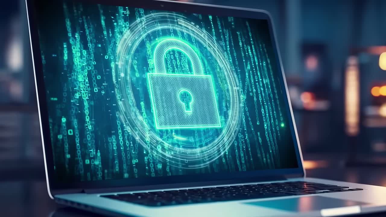 High-angle shot of a laptop with a digital lock overlay, conveying cybersecurity in a video context