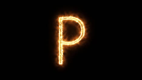 the letter "p" of burning flame. flaming burn font or bonfire alphabet text with sizzling fiery shining heat effect. 3d rendering.