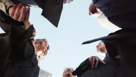 graduation cap, people and students throw in air