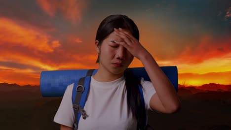 mujer con dolor de cabeza en una caminata al atardecer