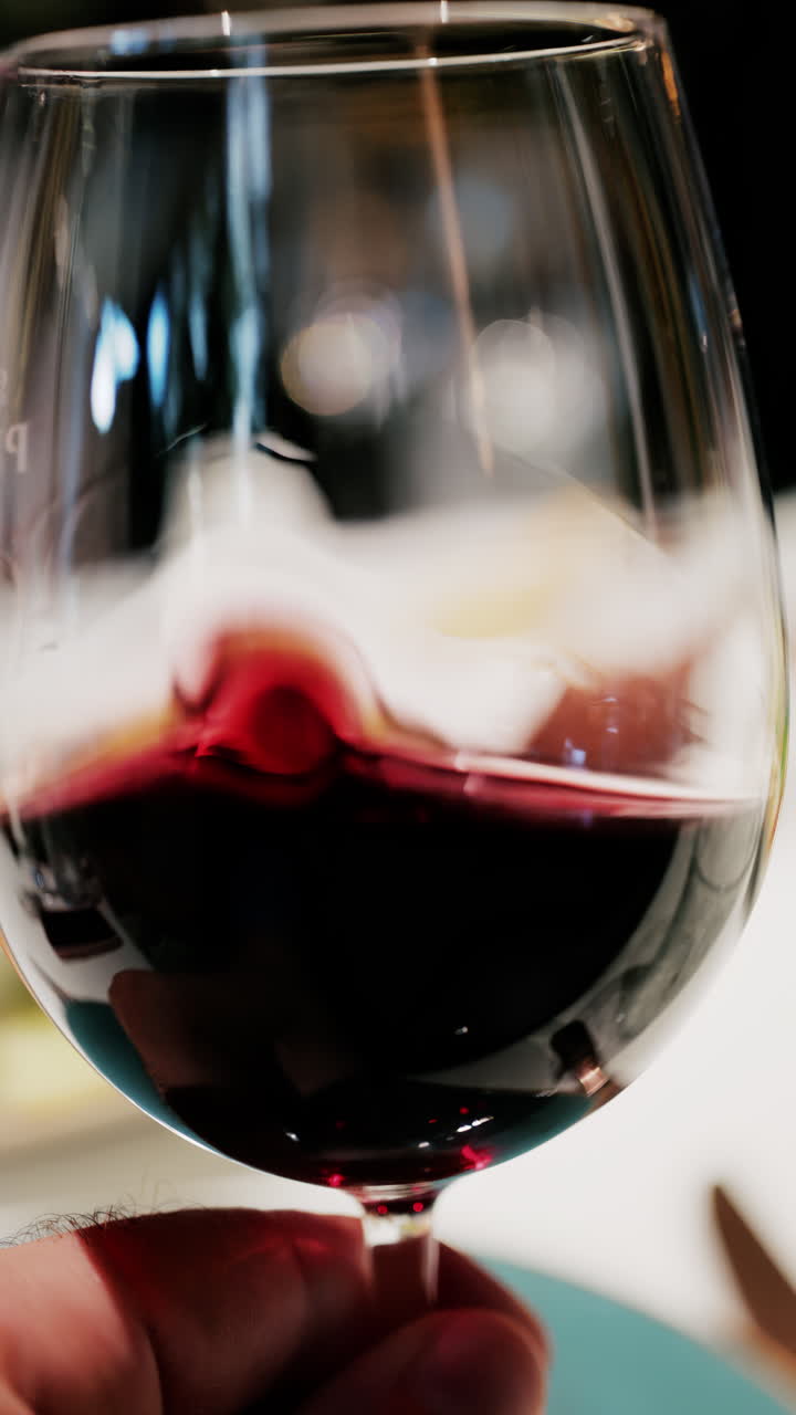 Primo piano di un bicchiere di vino rosso che viene fatto roteare, mettendo in risalto il ricco colore rubino. Verticale