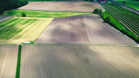 Luftaufnahme-Von-Gepflügtem-Ackerland-Und-Grünen-Feldern,-4k