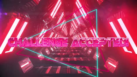 Animation-of-challenge-accepted-text-banner-over-neon-red-glowing-tunnel-in-seamless-pattern