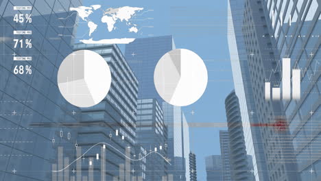 Animation-of-statistical-data-processing-against-low-angle-view-of-tall-buildings