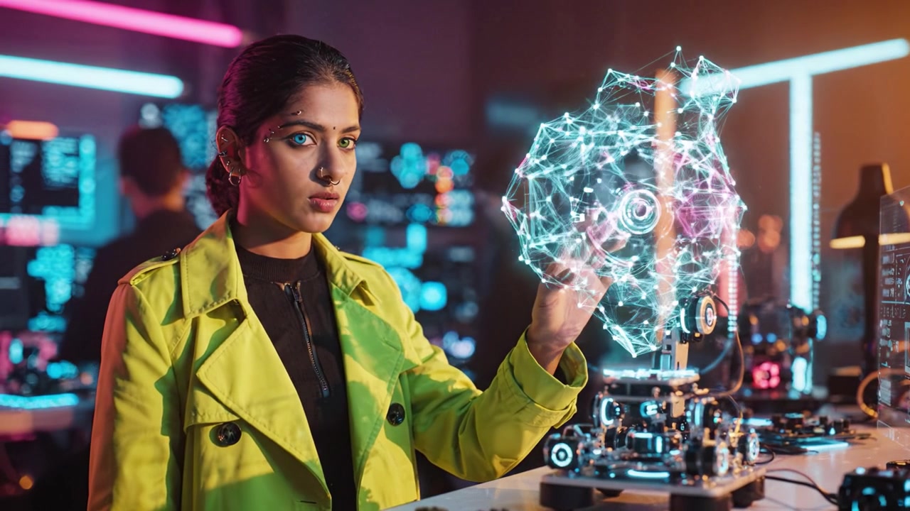 A young woman in a vibrant yellow coat oversees advanced technology and digital displays, showcasing intricate machinery and holographic projections in a futuristic setting.