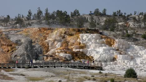 Tourists-Walking-Through-The-Boardwalk-At-Mammoth-Hot-Springs-In-Yellowstone-National-Park,-Wyoming,-USA