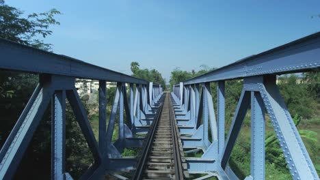 railway bridge, symmetrical structure drone slow steady fly through