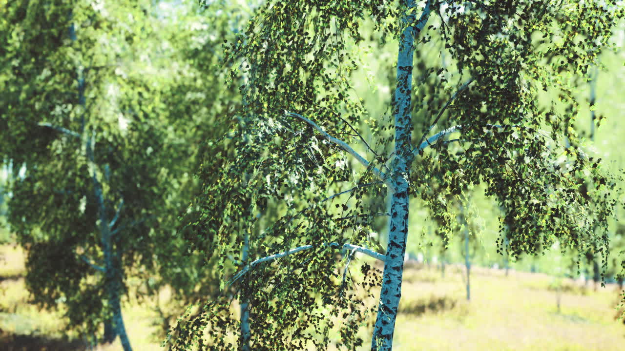 Bright green birch trees sway in sunlight at a peaceful forest