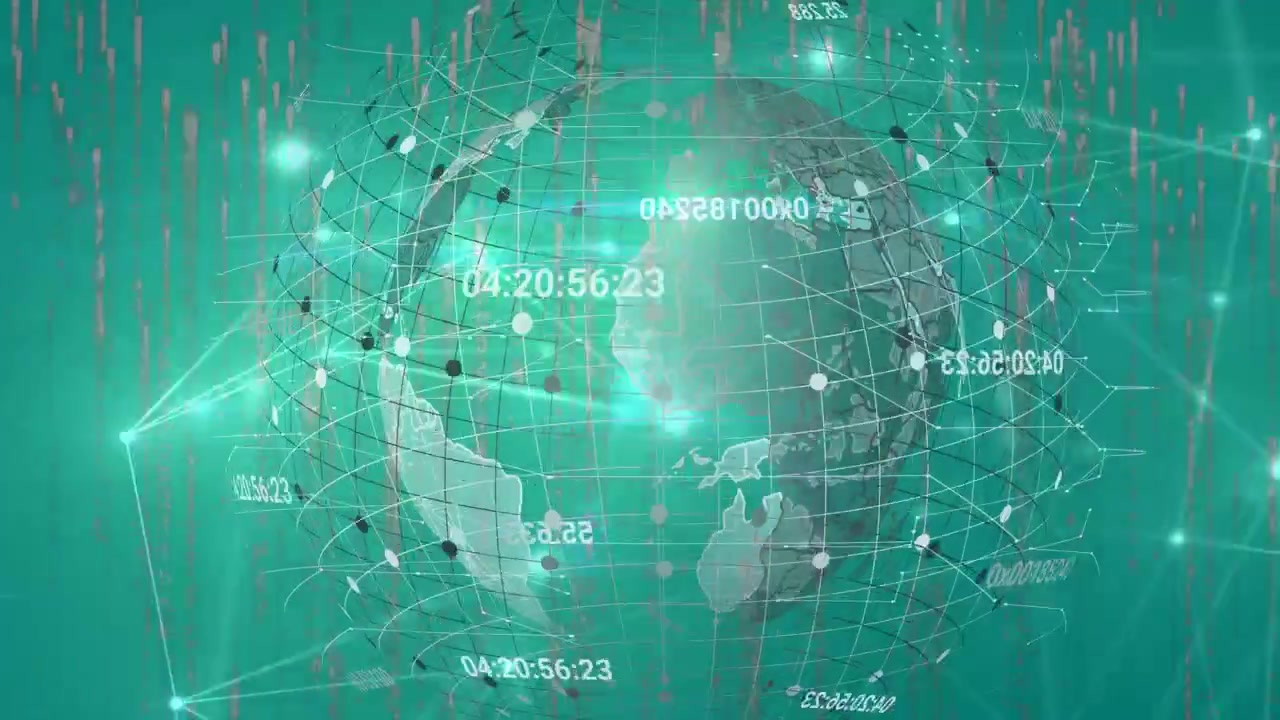 Animation of globe, connections and lights on green background