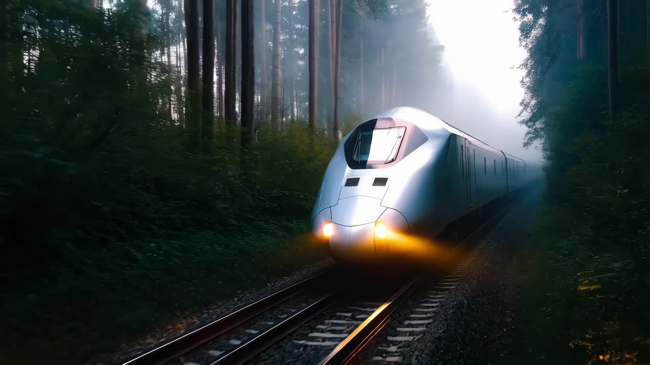 tren de alta velocidad a través de un bosque de niebla