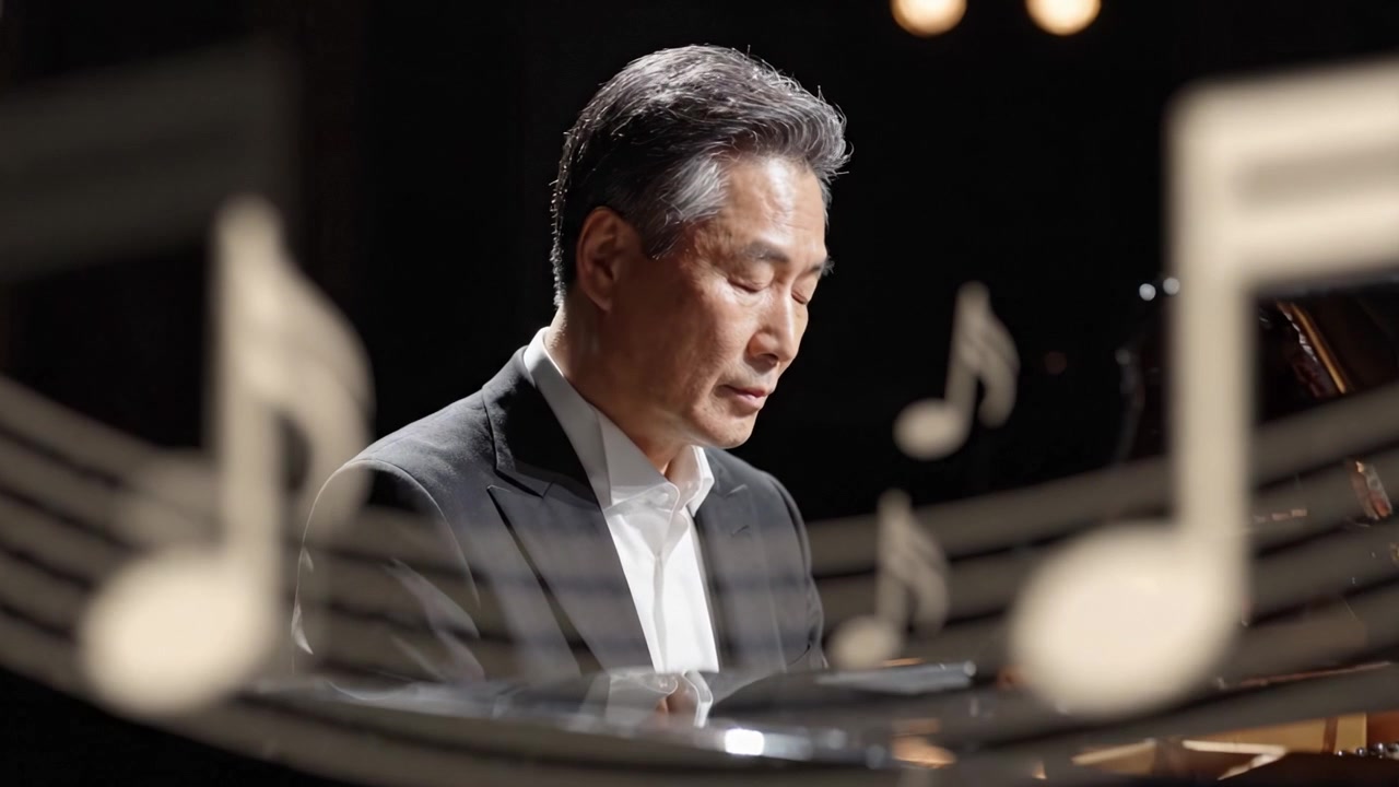 一位才華橫溢的音樂家專心致志地彈奏鋼琴，沉浸在演奏的情感中，周圍環繞著柔和燈光和音符。