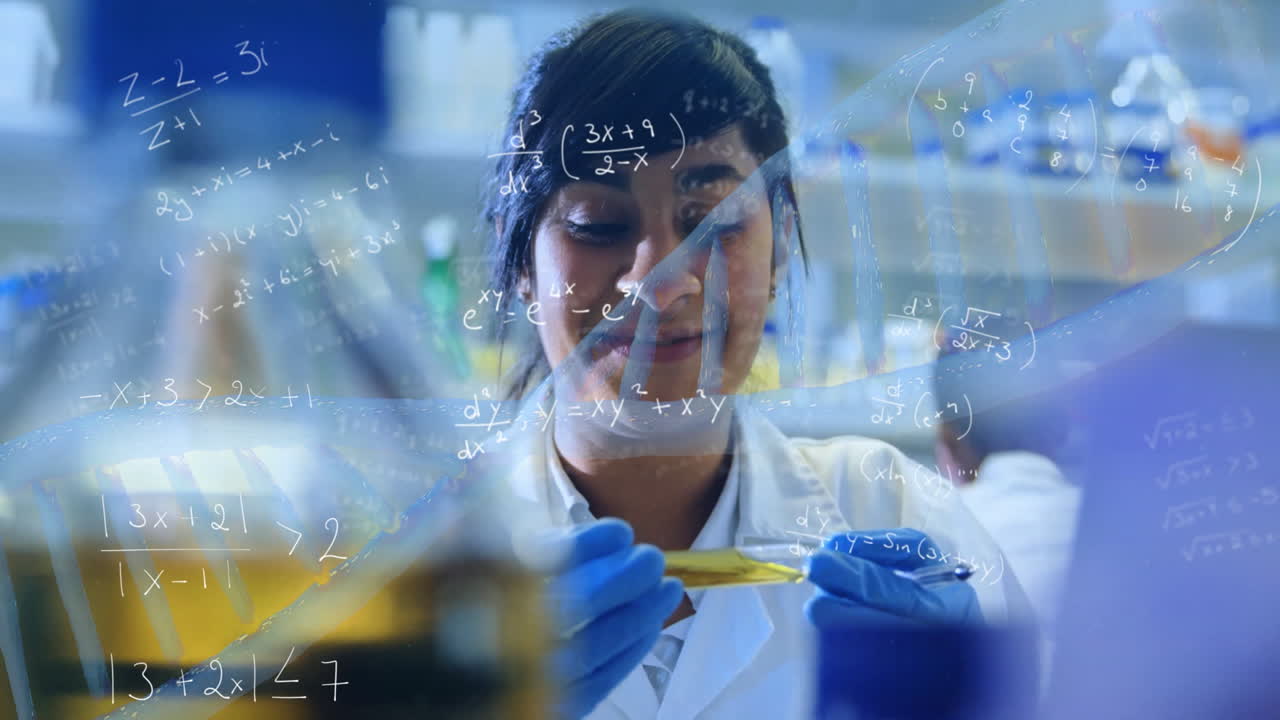수학적 방정식과 dna 가닥에 대한 애니메이션 두 인종의 여성 과학자가 시험관을 들고 있습니다.