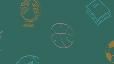 animación de iconos escolares sobre un fondo verde.