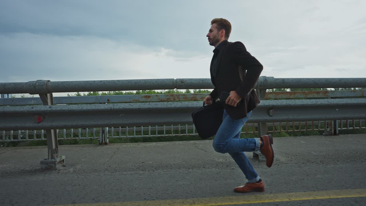 Businessman Running on a Bridge