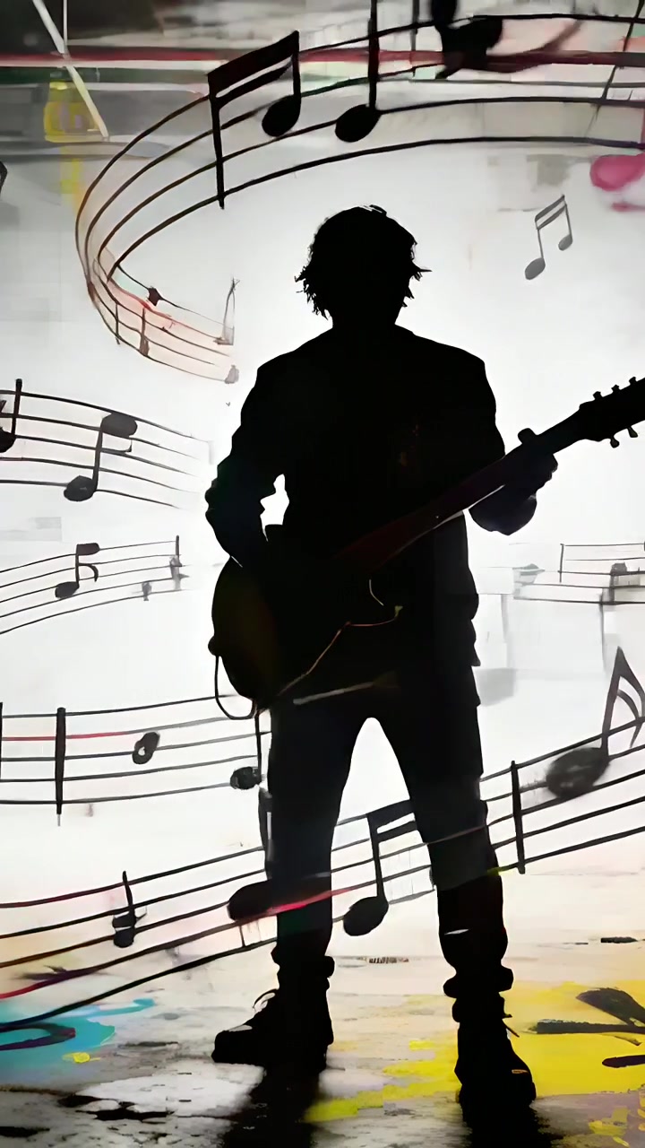 Vídeo vertical: Reagindo a notas retroiluminadas, músico em sombra movendo a mão e tocando violão no estúdio.