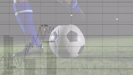 Animation-of-financial-data-processing-over-footballer-with-football-in-field
