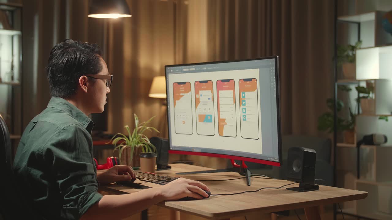 Asian Male Mobile Application Developer Thinking While Works With Graphics On His Personal Computer. He Works At Night