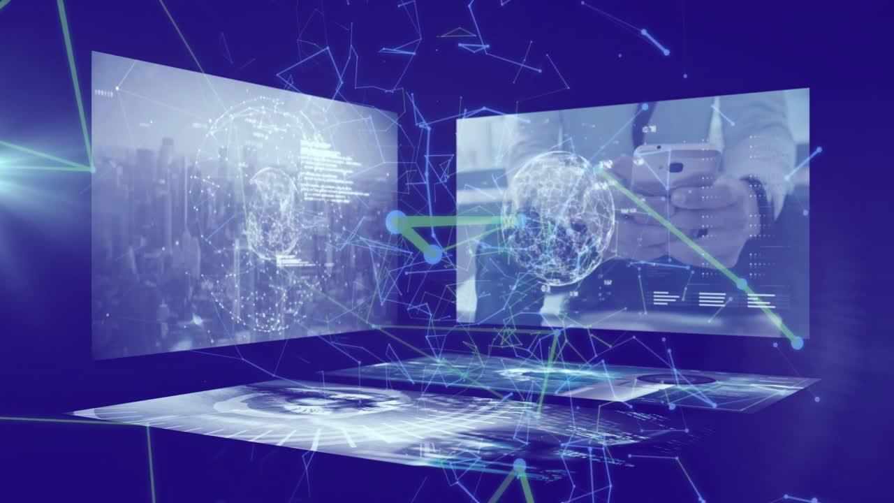 Animation of network of connections and data processing over blue background