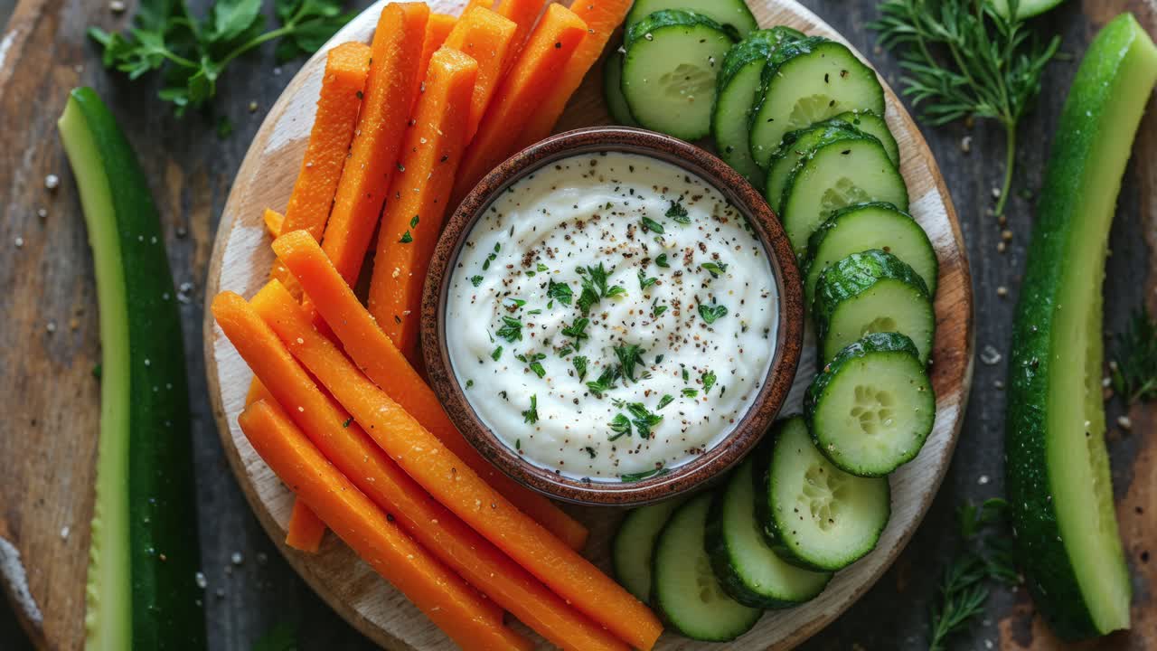 palitos de zanahoria y pepino frescos con salsa de yogur