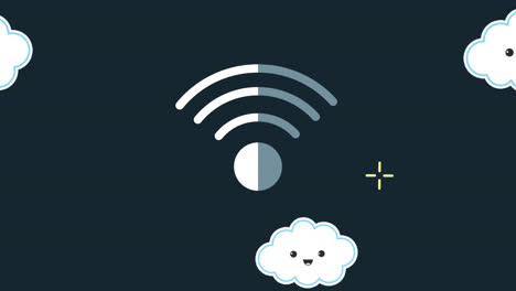 Animation of wifi icon and digital clouds with faces on blue background