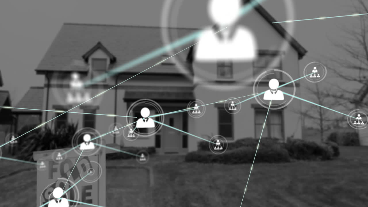 판매용 집 위의 아이콘으로 연결된 네트워크의 애니메이션