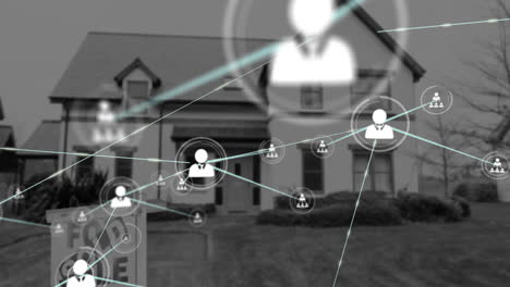 animación de la red de conexiones con iconos sobre casa para la venta