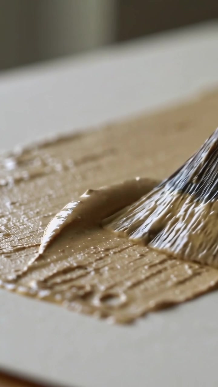 Vertical video: Pressing ferrule brush with bristles onto brown paint on white sheet, making stroke