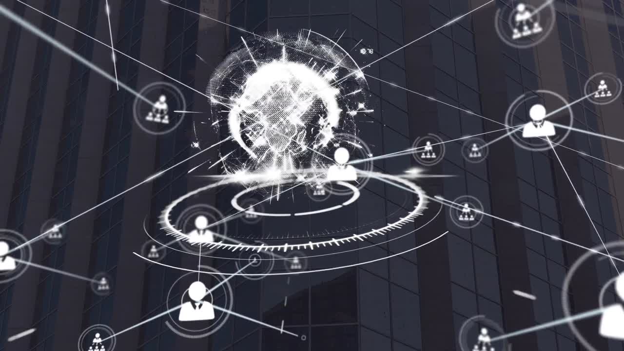 글로벌 네트워크와 사람 간의 데이터 교환의 애니메이션 검은색 배경의 아이콘