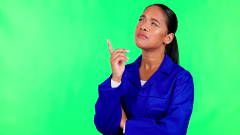 Green-screen,-woman-and-worker-thinking-of-ideas