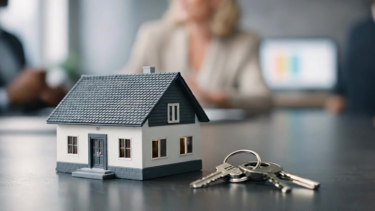 Modello di casa in miniatura e chiavi su un tavolo con persone d'affari