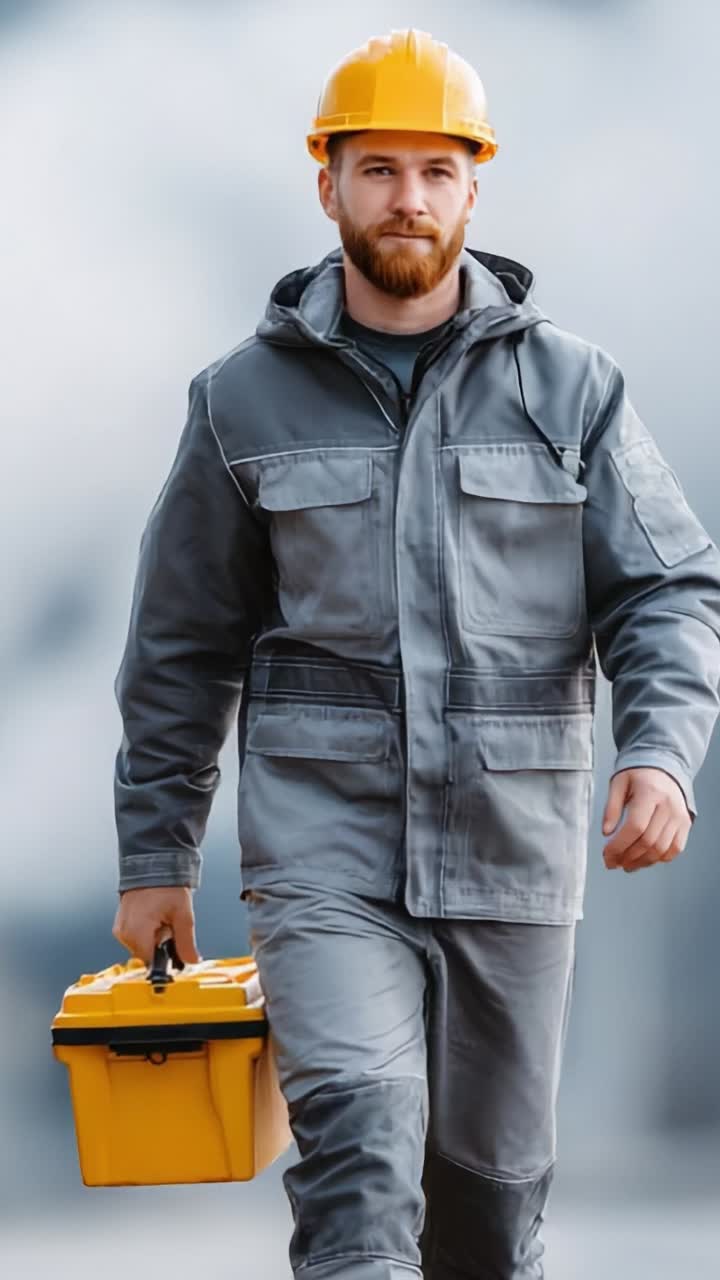 A Construction Worker in Safety Gear Confidently Walks with a Toolbox, Ready for Tasks on a Job Site, Embodying Professionalism and Responsibility